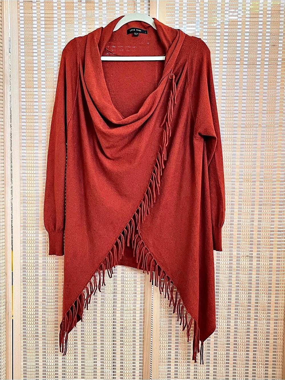 Love Tree Fringe Draped Shrug in rust red Size Small